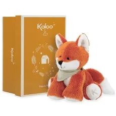 Kaloo's red fox toy with a green bandana, shown with its decorative yellow gift box.