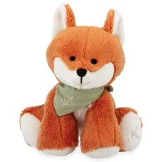 A fluffy orange fox plush toy with a green bandana, sitting down.