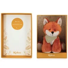 The Kaloo soft toy fox displayed in its open packaging, showing its gift tag.