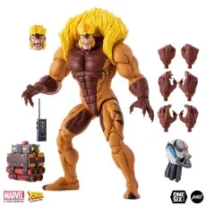 An X-Men The Animated Series Sabretooth figure with a bomb, remote, extra heads, and multiple hands