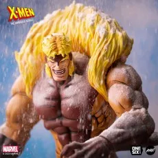A close-up of the snarling X-Men Sabretooth figure covered in snow.