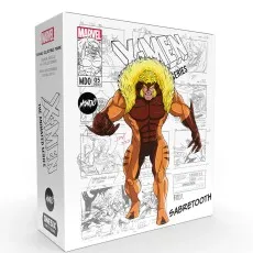 A Mondo X-Men Sabretooth figure in a collector's box with animated series concept art.