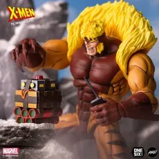 A Mondo X-Men Sabretooth figure standing with a remote control and a large bomb.