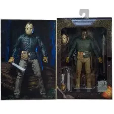 Boxed Jason Voorhees action figure with mask and multiple accessories shown in open display.