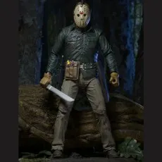 Horror movie figure of Jason Voorhees standing in a rustic, dark setting..