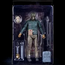 Jason Voorhees action figure with mask, spear, machete, pouch, and tombstone.