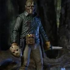 Unmasked Jason Voorhees figure holding his hockey mask and a knife in a wooded scene