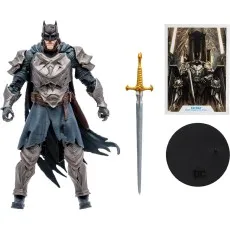 Batman collectible with accessories sword, display stand, and art card.