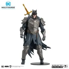 DC action figure Batman in grey armor, posed on a black display stand.