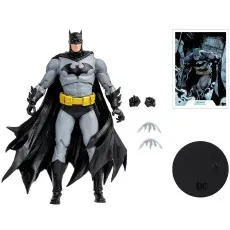 DC Multiverse Batman collectible toy with accessories, including an art card and stand.