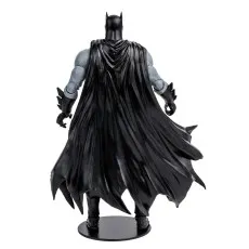 he back of a classic Batman action figure on a stand, showing his detailed flowing cape..