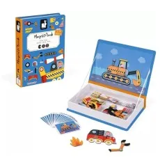 A children's magnetic book playset with various construction-themed magnetic pieces, a fire truck, and a deck of cards