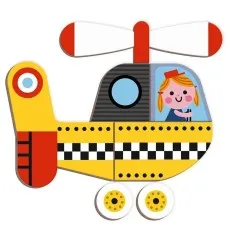 A cartoonish magnetic puzzle of a yellow and red helicopter with two wheels, and a smiling pilot inside