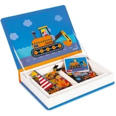 A blue, open magnetic book toy kit, with an image of a yellow and orange excavator on the inside cover. Inside the box are various colorful magnetic pieces and a reference card
