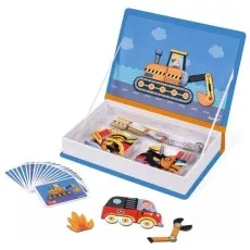 A child's magnetic book playset featuring a construction vehicle scene, magnetic pieces, a fire truck, and cards