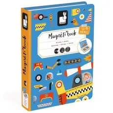 A children's toy box shaped like a book, featuring a variety of colorful magnetic parts for building different vehicles