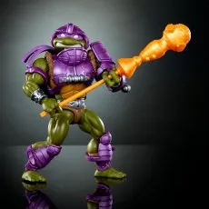 A TMNT Donatello action figure in purple armor, lunging forward with a mace-like staff.