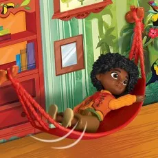 The Antonio figure from Encanto shown lying down in a red hammock inside his colorful treehouse.