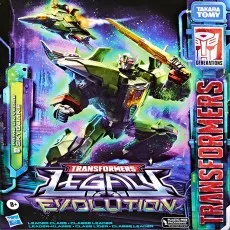 Box art for a Transformers Legacy Evolution Skyquake figure, featuring the robot holding a sword..