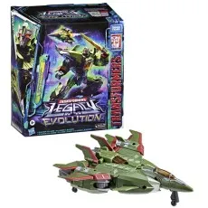 A boxed Transformers Legacy Evolution Skyquake figure next to its jet mode.