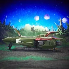 The Transformers Skyquake toy in its jet mode, seen from the side with its cockpit open.