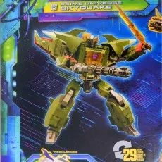 Transformers Prime Universe Skyquake box art with the robot holding a sword and gun.