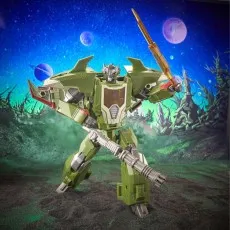 Transformers Skyquake figure in a dynamic pose, holding a sword and gun on an alien planet backdrop.