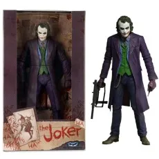A detailed action figure of the Joker from The Dark Knight, in and out of its box