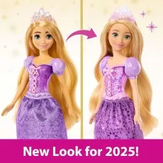A comparison image of the Rapunzel doll, highlighting its new look for 2025 with a sparkling dress.