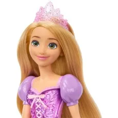 A detailed shot of the Rapunzel doll from the chest up, showing her tiara and long, wavy blonde hair.