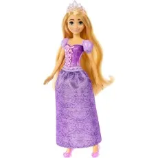 A Disney Princess Rapunzel doll with long blonde hair, a sparkly purple dress, and a tiara.