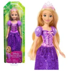 A Mattel Disney Princess Rapunzel doll is shown in her box and standing next to it.