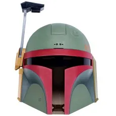 A full-size, realistic Boba Fett helmet from Star Wars, with a red stripe and a movable rangefinder.