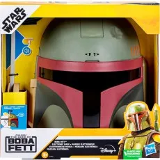 A close-up of a Star Wars The Book of Boba Fett electronic mask in its display box.