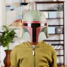 A front-facing shot of a person wearing a Boba Fett electronic mask with the rangefinder raised.