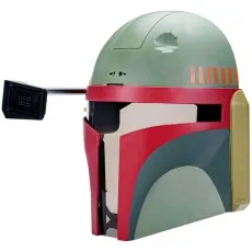 A side-profile view of a green and red Boba Fett helmet on a white background.
