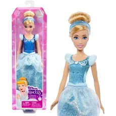 A Disney Princess Cinderella doll in and out of her box, wearing a shiny blue dress and a headband.