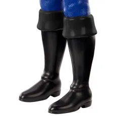 A close-up of a doll's legs, showing its shiny blue pants and tall black boots..