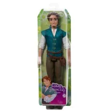 A boxed Flynn Rider fashion doll from Disney's Tangled, showing him in his teal vest and brown pants