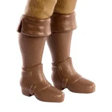 A close-up of a Flynn Rider doll's brown boots and the bottom of his trousers
