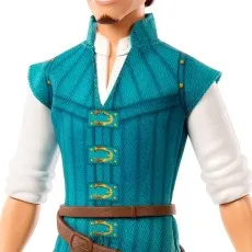 A close-up of a Flynn Rider doll's torso, showing his teal vest, white shirt, and brown belt