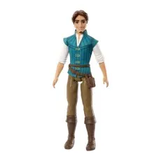 A full-body shot of a Flynn Rider doll from Disney's Tangled, dressed in his teal vest, white shirt, brown pants, and boots