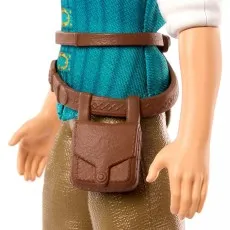 A close-up of a Flynn Rider doll's waist, showing his brown belt with a pouch over his teal vest and brown pants