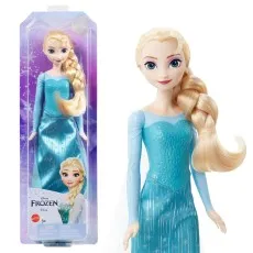 A product image of a Disney Frozen Elsa doll, showing both the doll in its box and the same doll standing on its own.