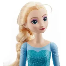A close-up of the Elsa doll from Disney's Frozen, showing her smiling face, blue eyes, and long blonde braid.