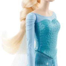 A close-up side view of the Elsa doll, focusing on the details of her blue dress and her long blonde braid.