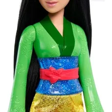 A close-up of a Mulan doll's torso, showing her green top, a blue waistband, and a red sash