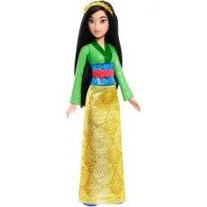 A full-body Mulan doll from the Disney movie, standing in her green top, blue waistband, red sash, and a long, shimmering gold skirt