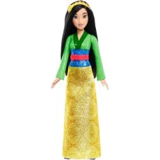 A full-body Mulan doll from the Disney movie, wearing a green top, blue waistband, red sash, and a shimmering gold skirt