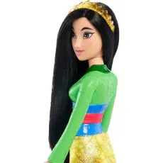 A profile view of a Mulan doll, showing her long black hair, yellow tiara, and green top